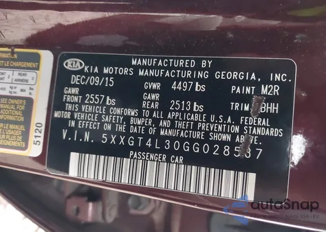 2016 Kia Optima Lx from USA, damaged, VIN 5XXGT4L30GG028537